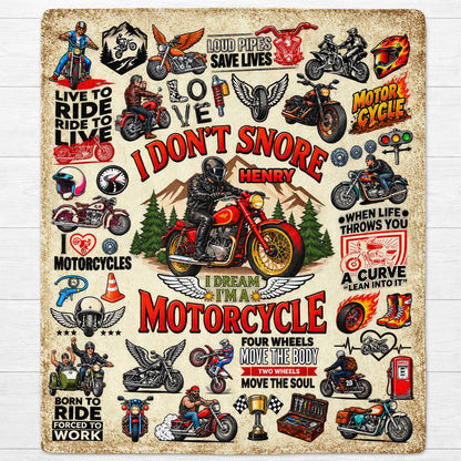 "I Don't Snore I Dream I'm A Motorcycle" Personalized Blanket - Custom Rider Gift for Biker Husband, Dad