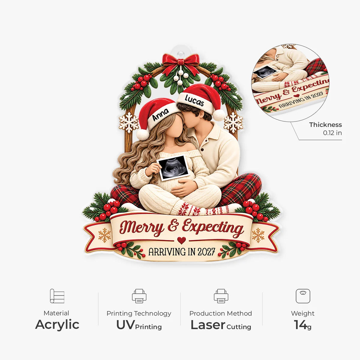 Personalized Merry And Expecting Baby Ultrasound Acrylic Ornament