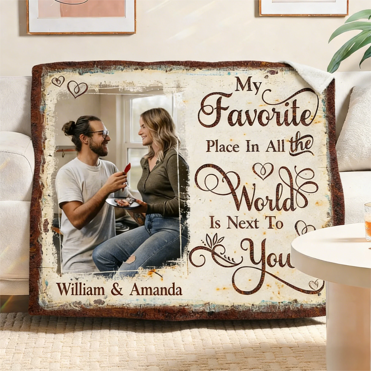 "My Favorite Place In All The World Is Next To You" Personalized Couple Blanket - Anniversary Gift for Boyfriend Girlfriend