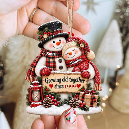 Growing Old Together Personalized Snowman Couple Wooden Ornament - Christmas Keepsake for Husband Wife