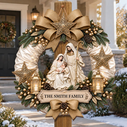 Nativity Wreath Personalized Shaped Wood Sign - Custom Christian Christmas Decor for Family