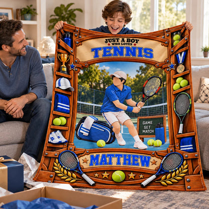 Just A Boy Who Loves Tennis Personalized Blanket - Custom Tennis Player Birthday Gift Throw for Son