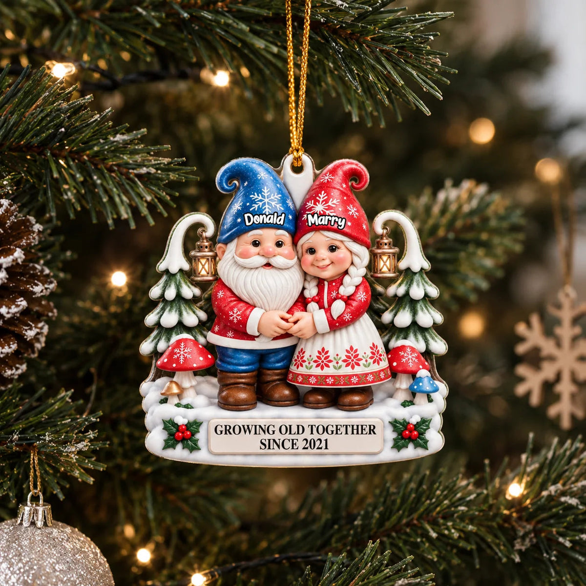 Growing Old Together Christmas Gnome Couple - Personalized Acrylic Ornament for Couples