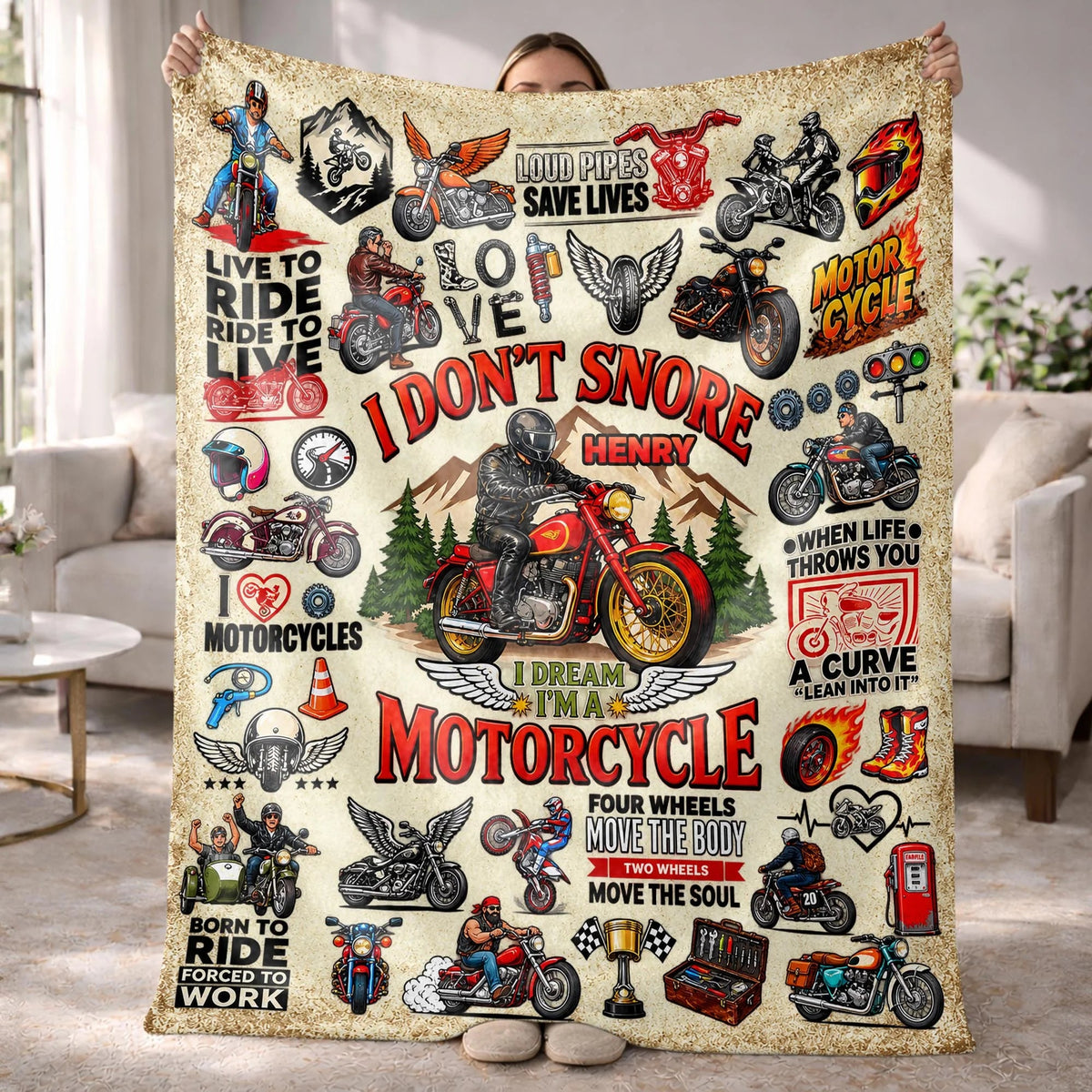 "I Don't Snore I Dream I'm A Motorcycle" Personalized Blanket - Custom Rider Gift for Biker Husband, Dad