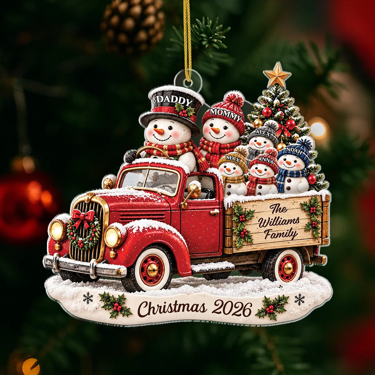 Personalized Snowman Family Red Truck Acrylic Ornament