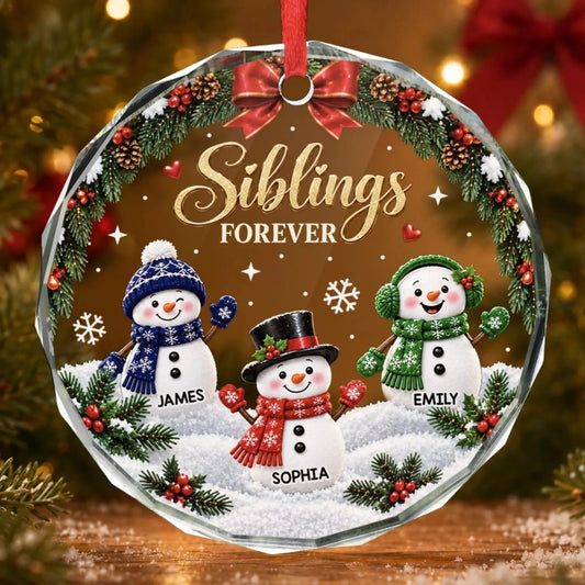 Siblings Forever Personalized Glass Ornament - Custom Snowman Christmas Gift for Brother Sister