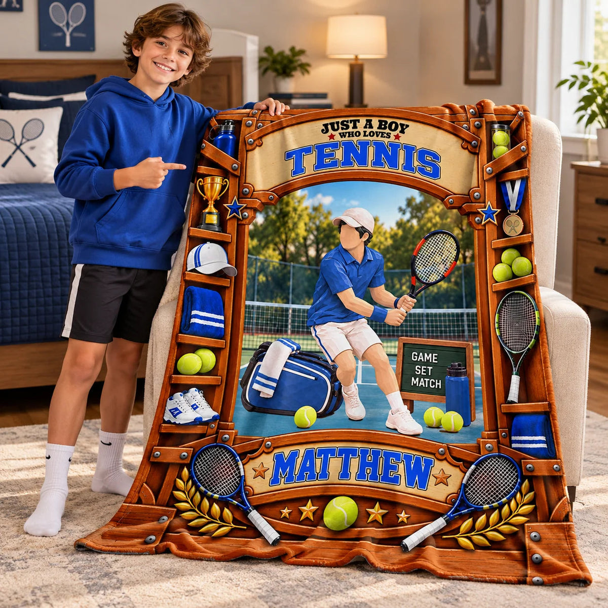 Just A Boy Who Loves Tennis Personalized Blanket - Custom Tennis Player Birthday Gift Throw for Son
