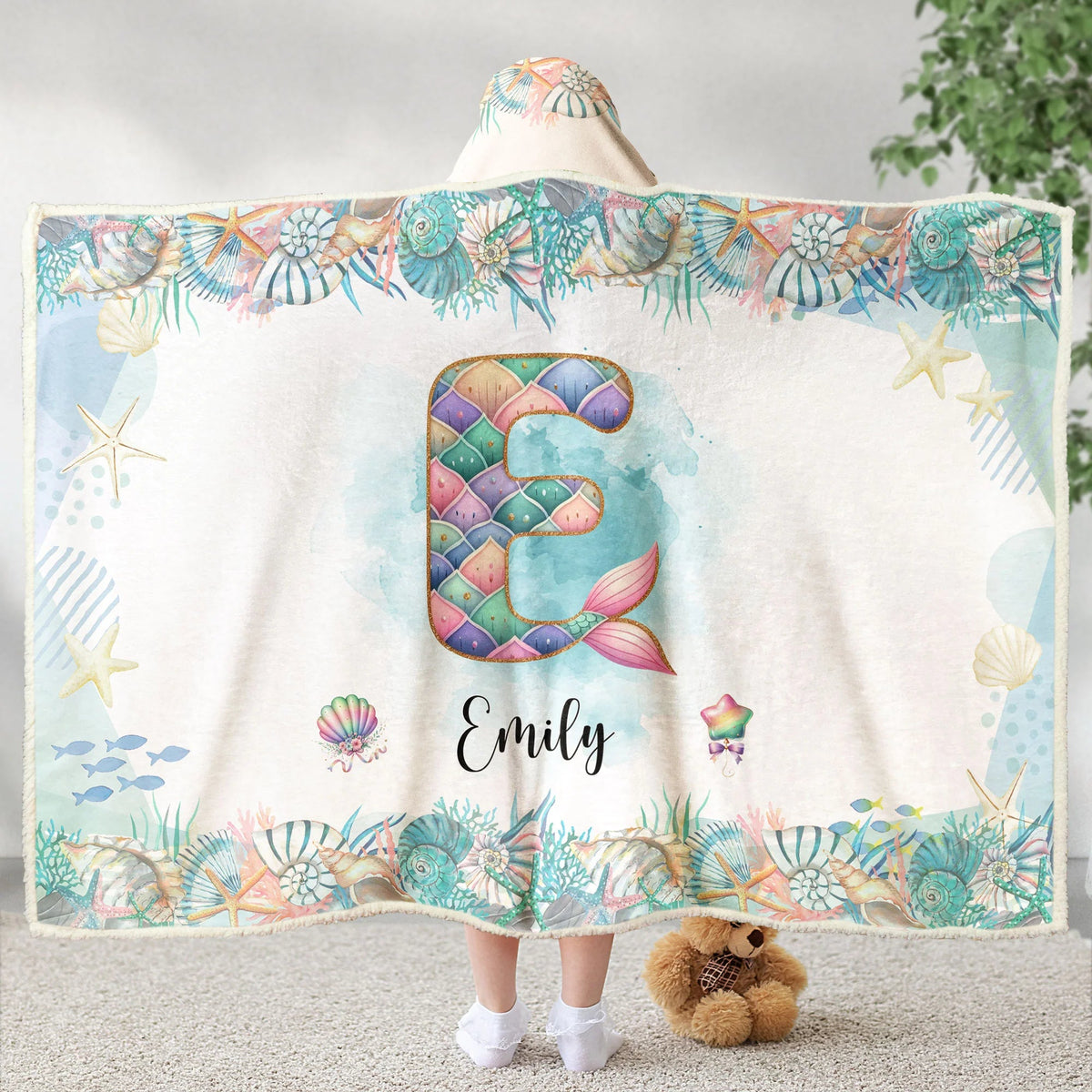 Whimsical Mermaid Alphabet Blanket - Personalized Hooded Blanket for Kids & Girls Birthday Gift