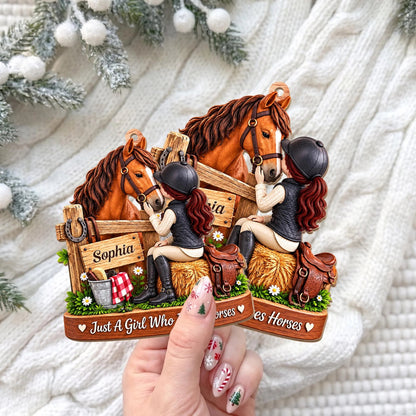 Personalized Girl Who Loves Horses Wooden Ornament