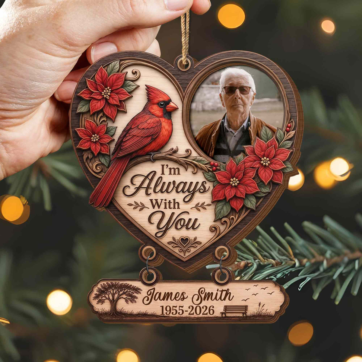 Personalized Cardinal Memorial Photo Heart Wooden Tree Ornament