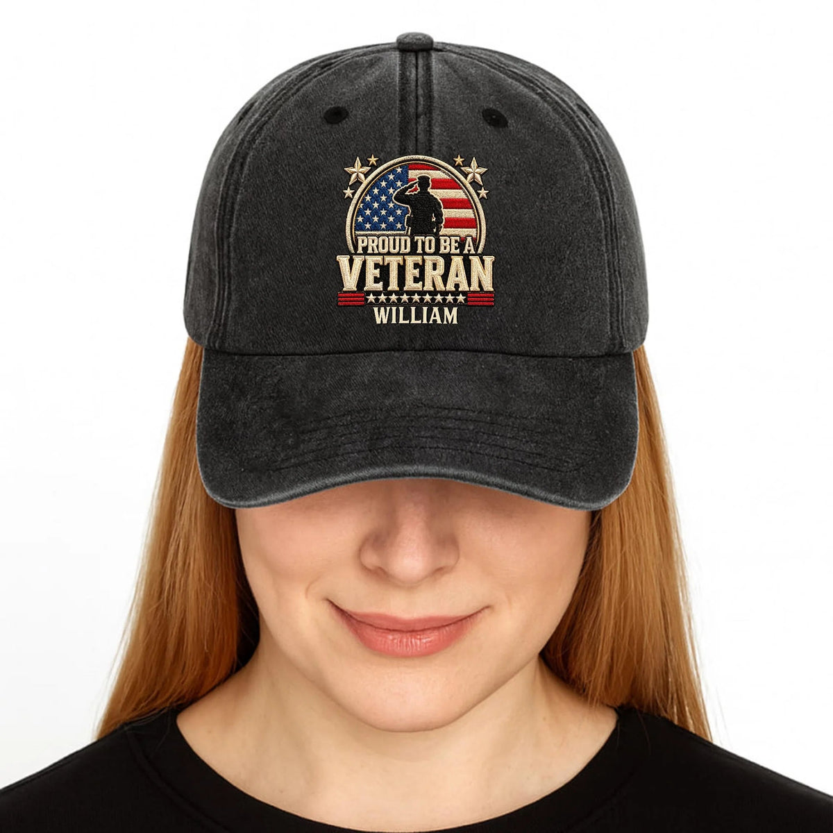 Proud To Be A Veteran Personalized Washed Denim Cap for Military Dad - Patriotic American Flag Gift