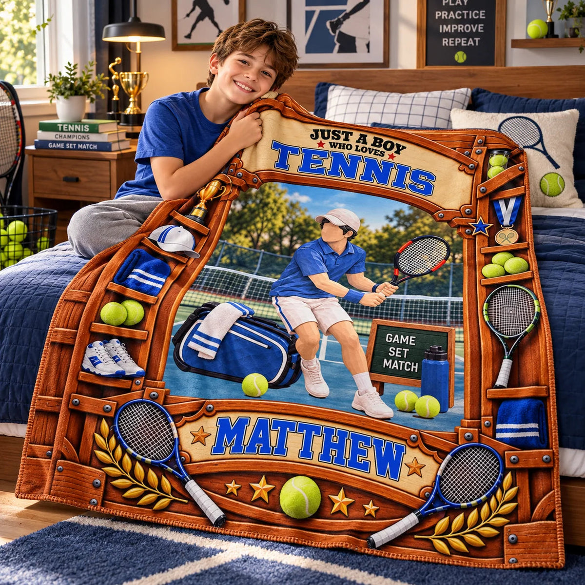 Just A Boy Who Loves Tennis Personalized Blanket - Custom Tennis Player Birthday Gift Throw for Son