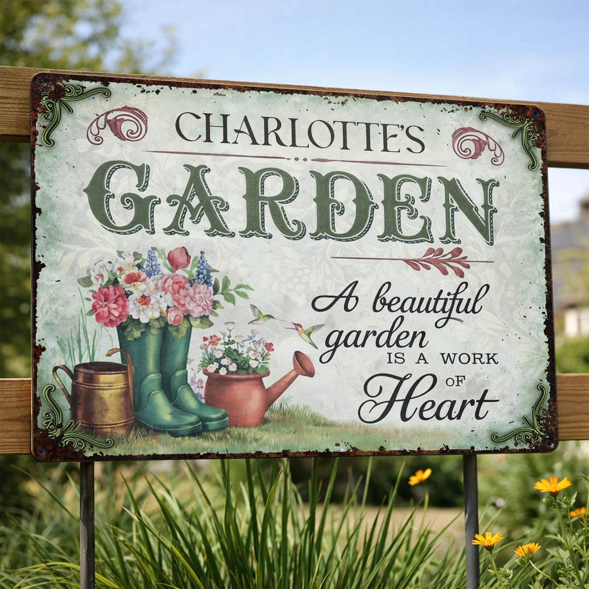 "A Beautiful Garden Is A Work Of Heart" Personalized Metal Sign - Garden Decor for Mom Grandma