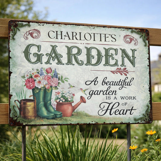 "A Beautiful Garden Is A Work Of Heart" Personalized Metal Sign - Garden Decor for Mom Grandma