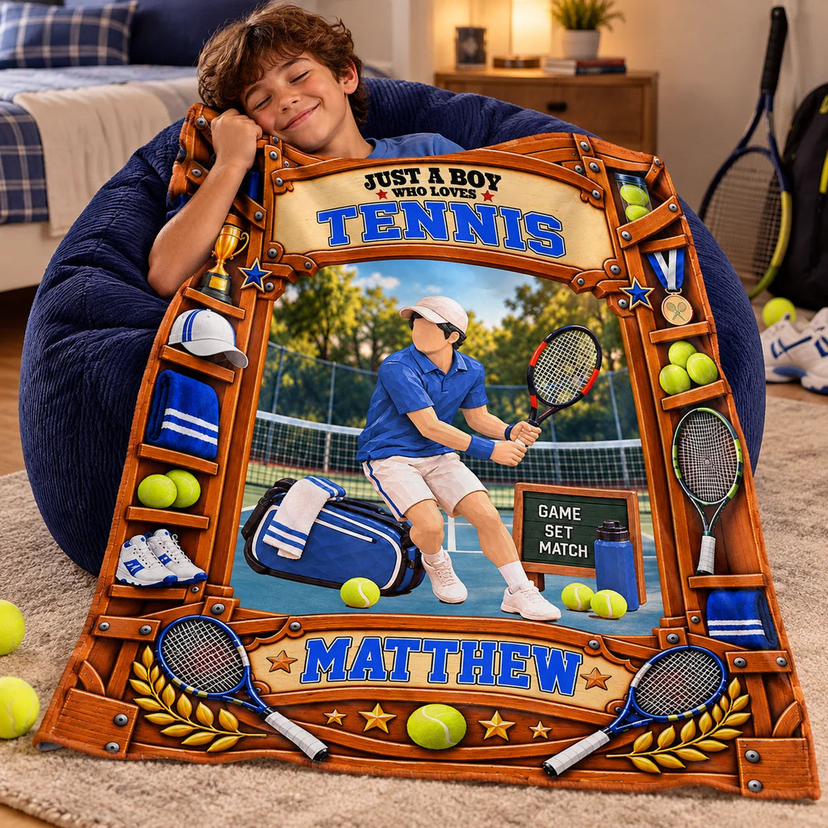 Just A Boy Who Loves Tennis Personalized Blanket - Custom Tennis Player Birthday Gift Throw for Son