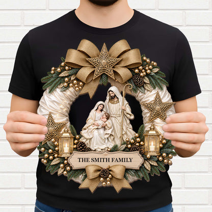 Nativity Wreath Personalized Shaped Wood Sign - Custom Christian Christmas Decor for Family