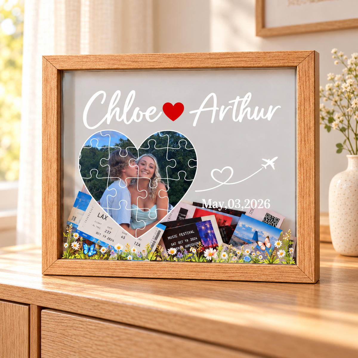 Personalized Couple Photo Ticket Memory Box – Custom Names & Date Anniversary Keepsake Frame