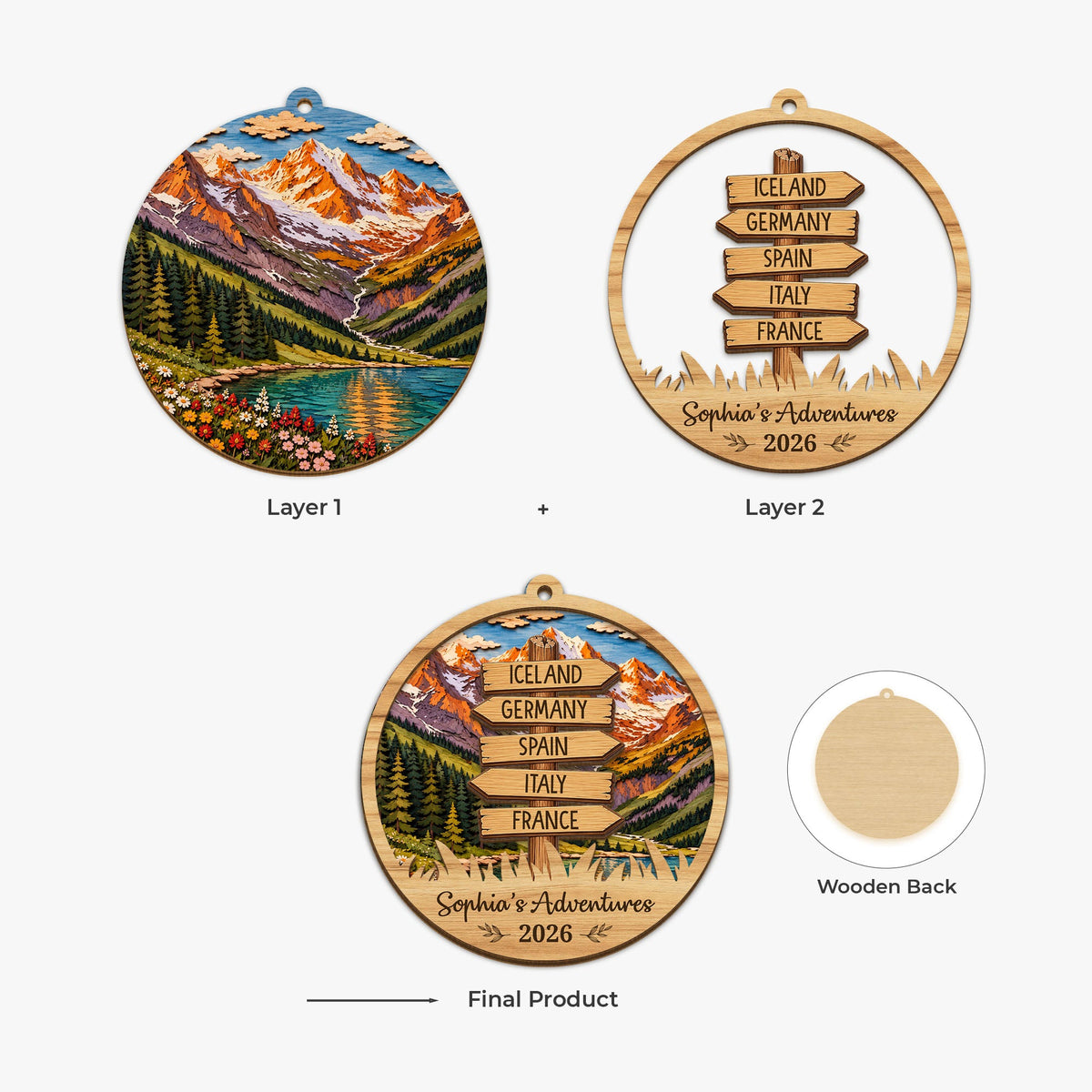 Personalised Gifts for Travel Lovers - Travel Adventure Wood Ornament