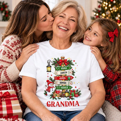 Personalized Grandma Classic Tee, Christmas Signpost Art in Festive Red & Green, Unique Gift for Grandma