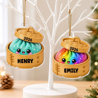 Personalized Acrylic Ornament, Cute Squishy Dumpling in Bamboo Steamer, Unique Christmas Gift for Kids