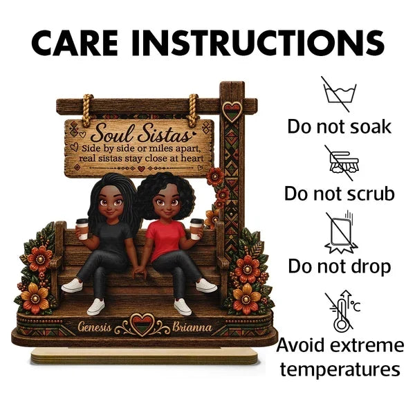 Personalized Layered Wooden Plaque, Soul Sistas Sharing Coffee on a Rustic Bench, Unique Gift for Best Friend