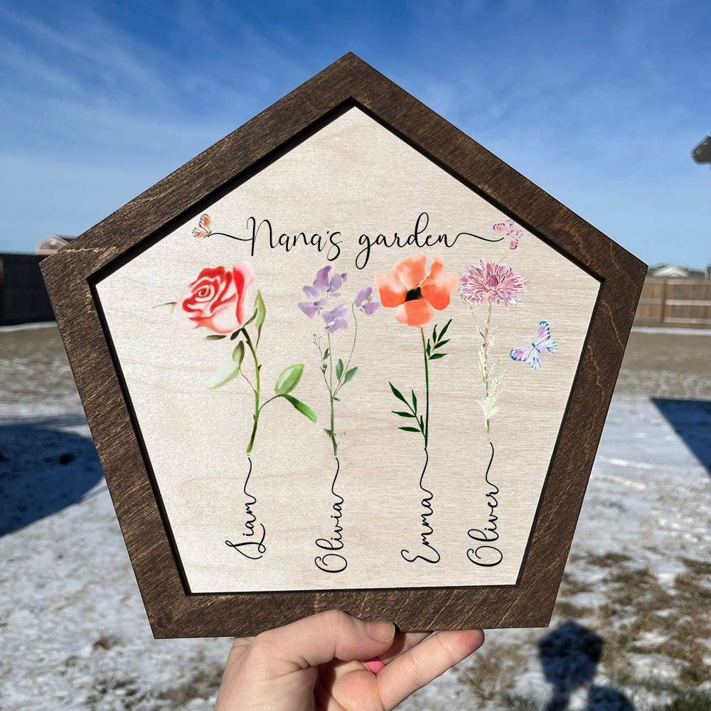 Personalized Garden Sign With Grandkids Names and Birth Flower For Mother's Day Gift
