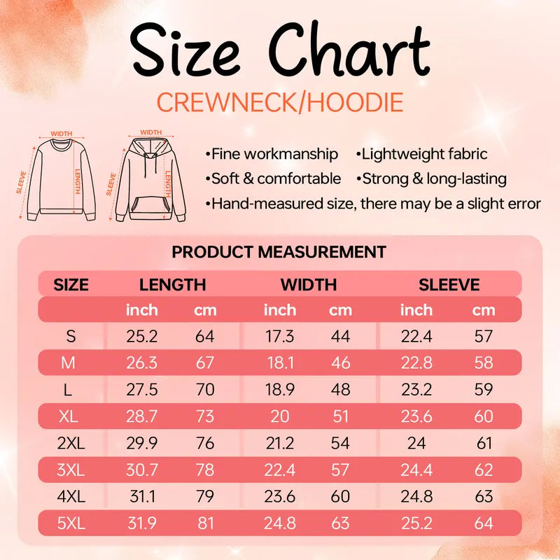 Cuszoo crewneck and hoodie size chart